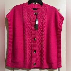NWT Lola B Women's Vibrant Fuchsia Cable Knit Sleeveless Cardigan Sweater Large